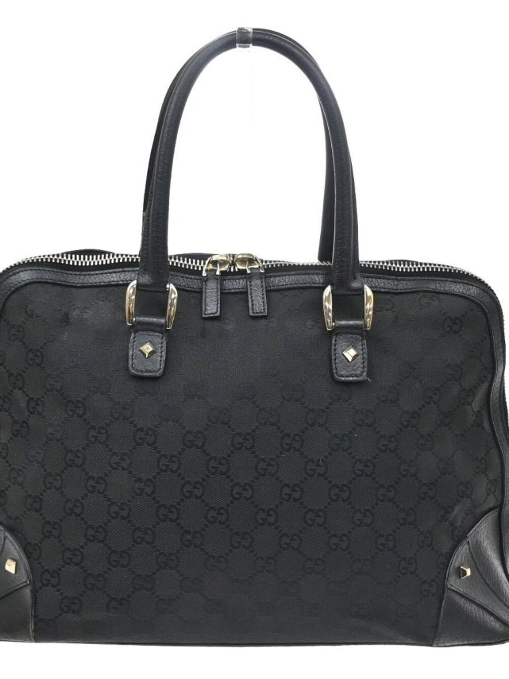 GUCCI GG Pattern Nailhead Dome Tote Hand Bag Canvas Leather Black Italy 67SA236